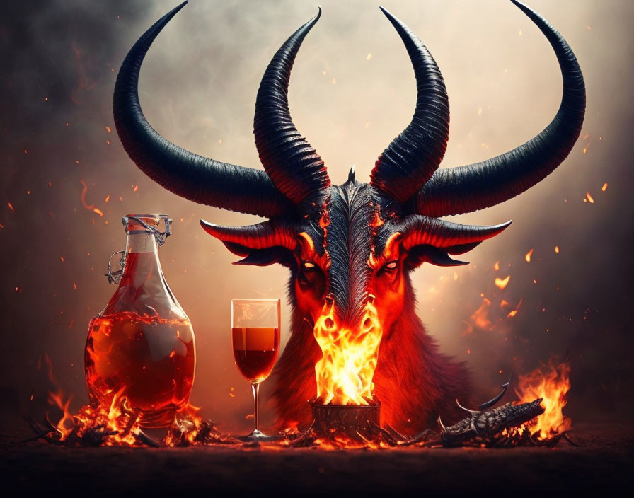 Fantastical demonic creature with flaming eyes and horns in fiery setting