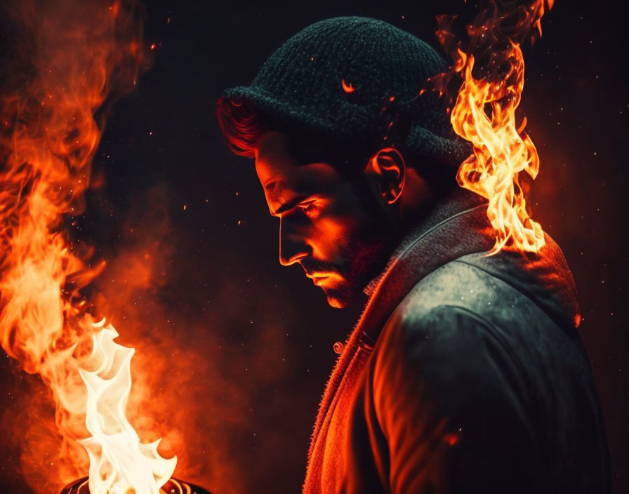 Man in Beanie and Jacket with Flames on Shoulders in Dark, Fiery Setting