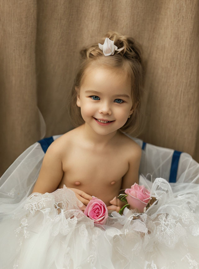 Young girl with bun and white bow in frilly tutu holding pink flowers