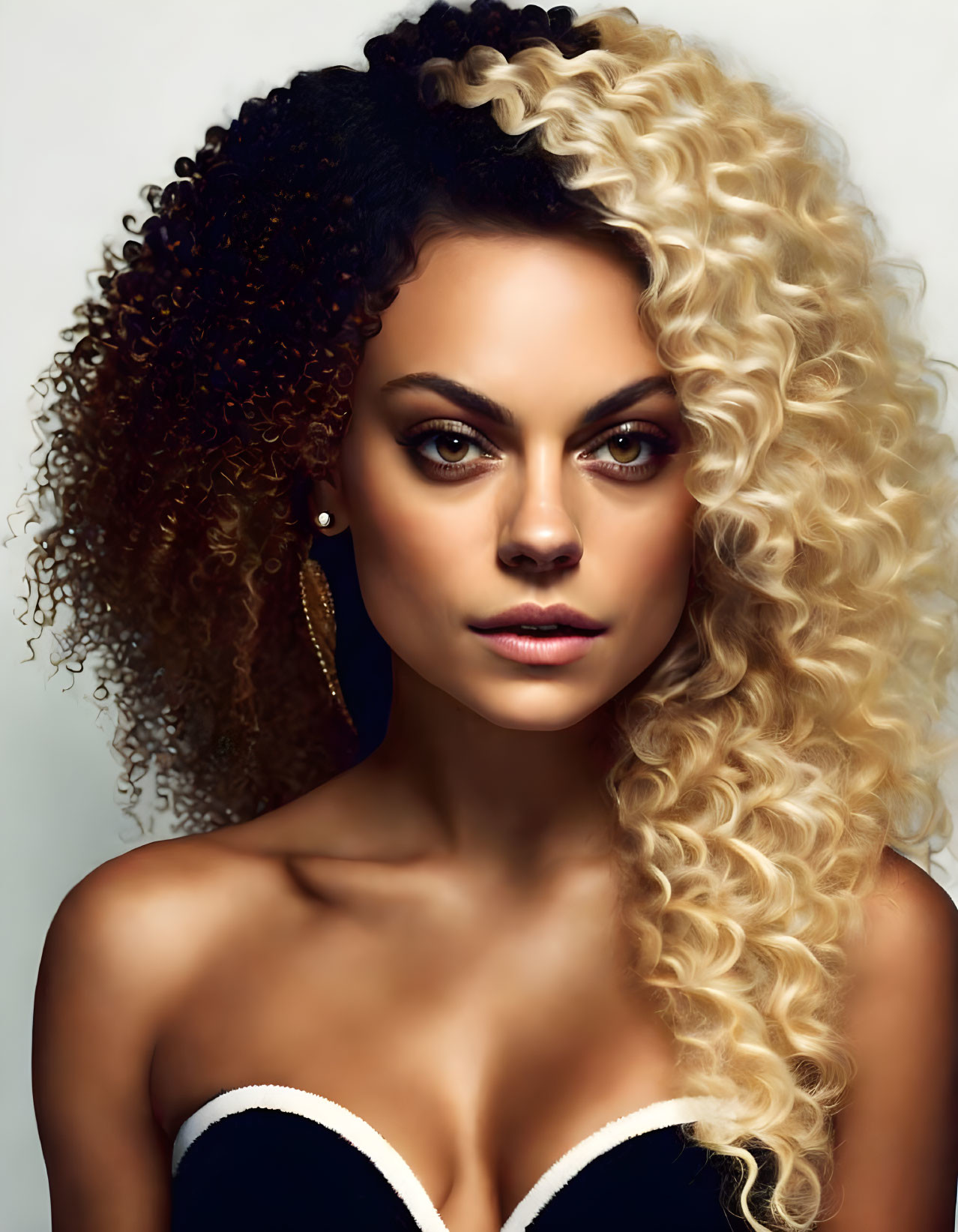 Striking-eyed woman with dual-toned wavy hair in black top