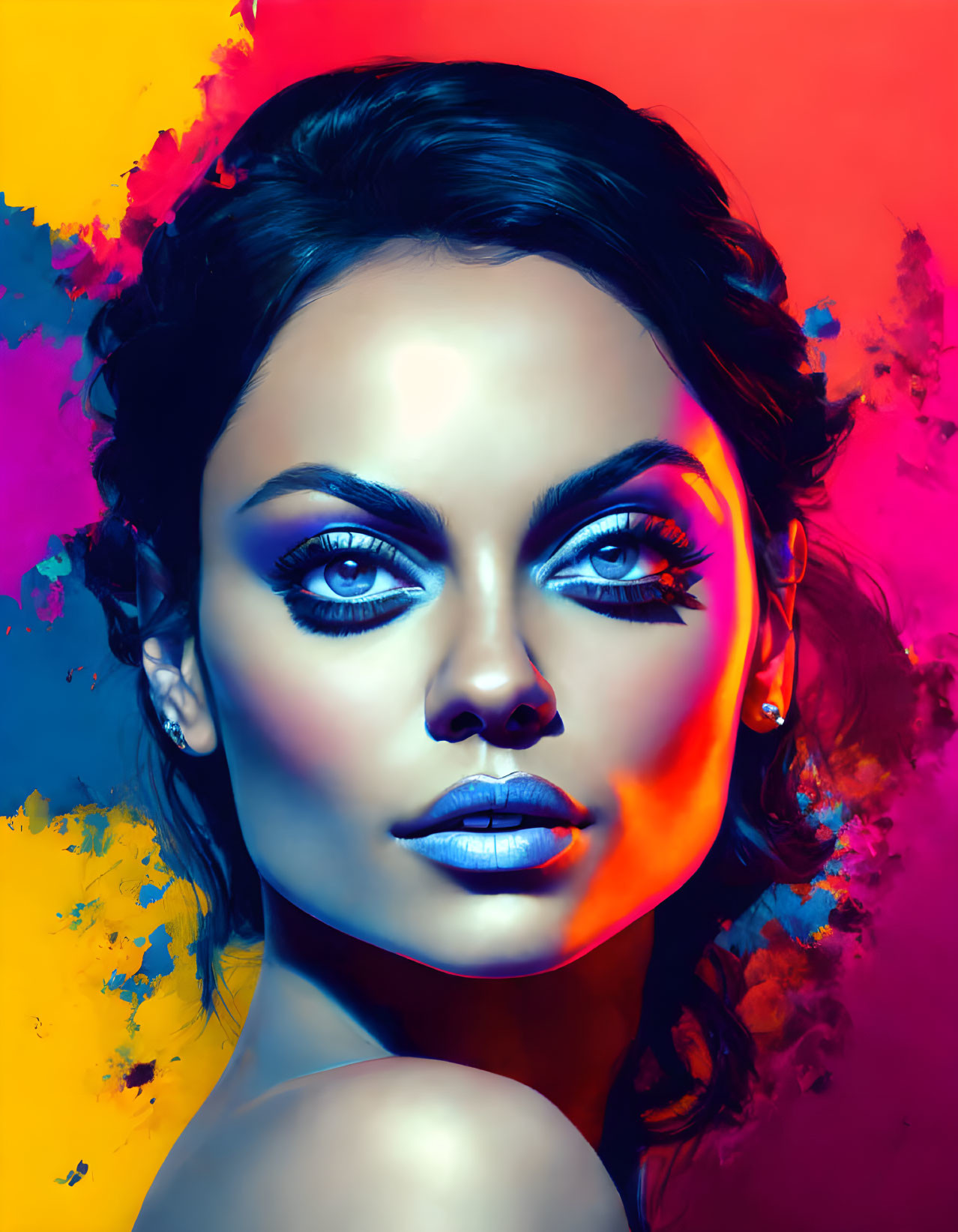 Colorful digital artwork of woman's face with bold makeup and vibrant blue eyes on blue background