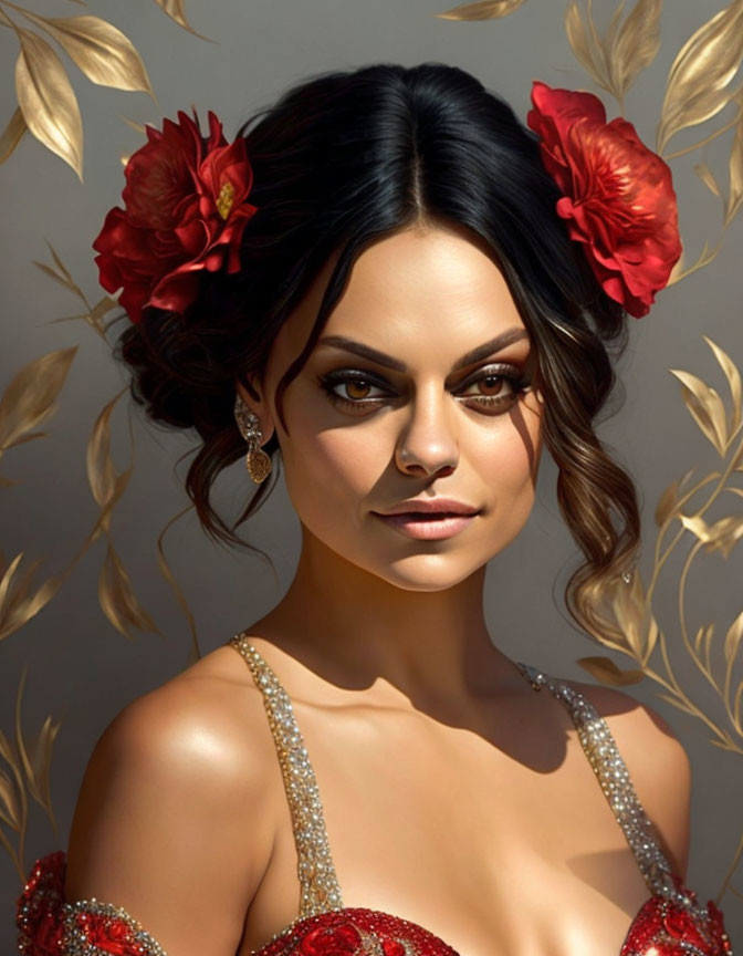 Digital portrait: Woman with dark hair, red flowers, golden leaves background, red & gold dress