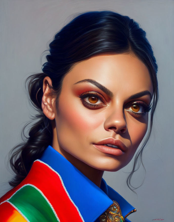 Hyperrealistic digital painting of a woman with striking brown eyes and colorful striped shirt