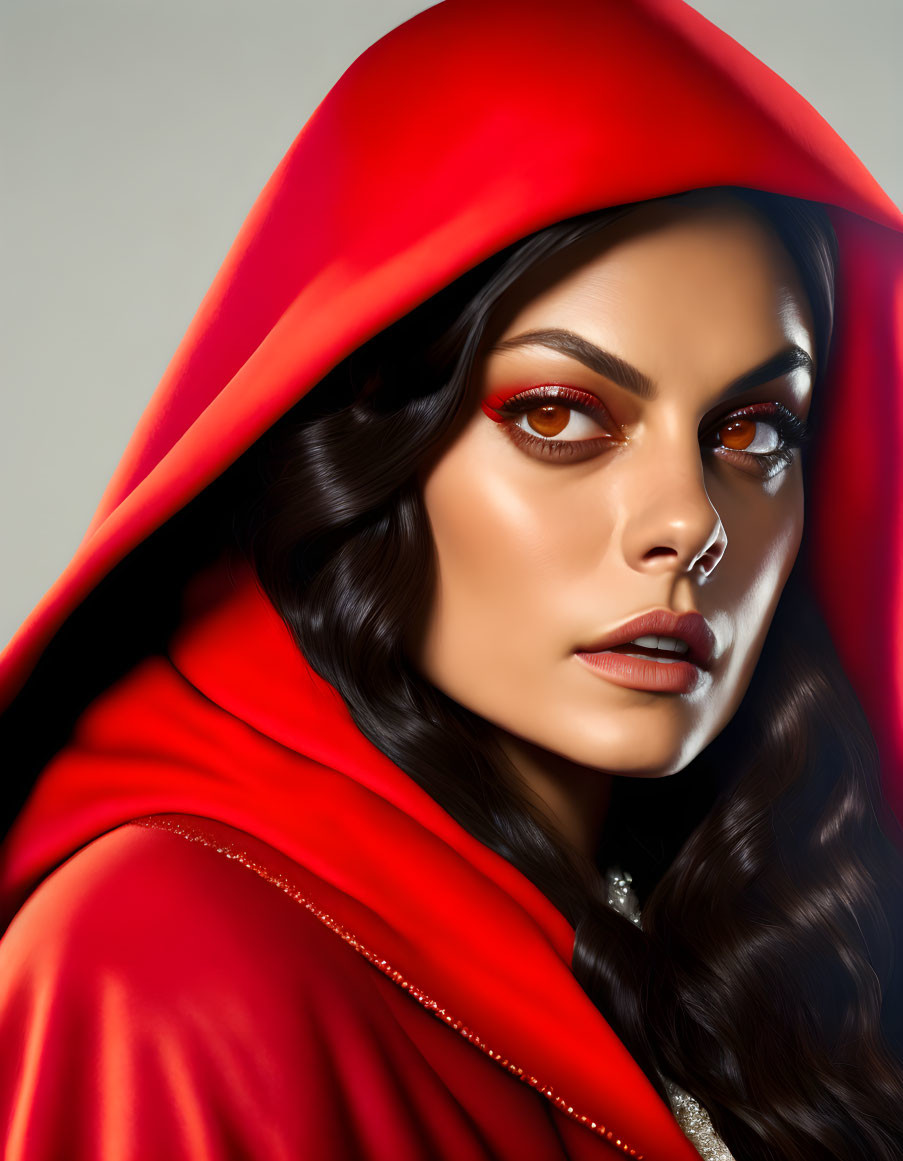 Woman in red hooded cloak with striking red eyes and dark wavy hair.