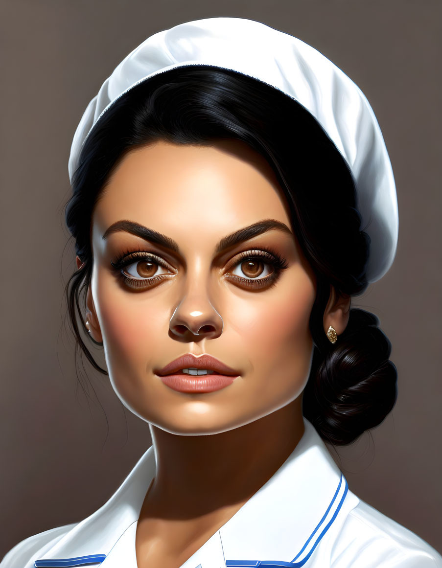 Digital portrait of woman in nurse's cap with dark hair and brown eyes in white uniform with blue trim