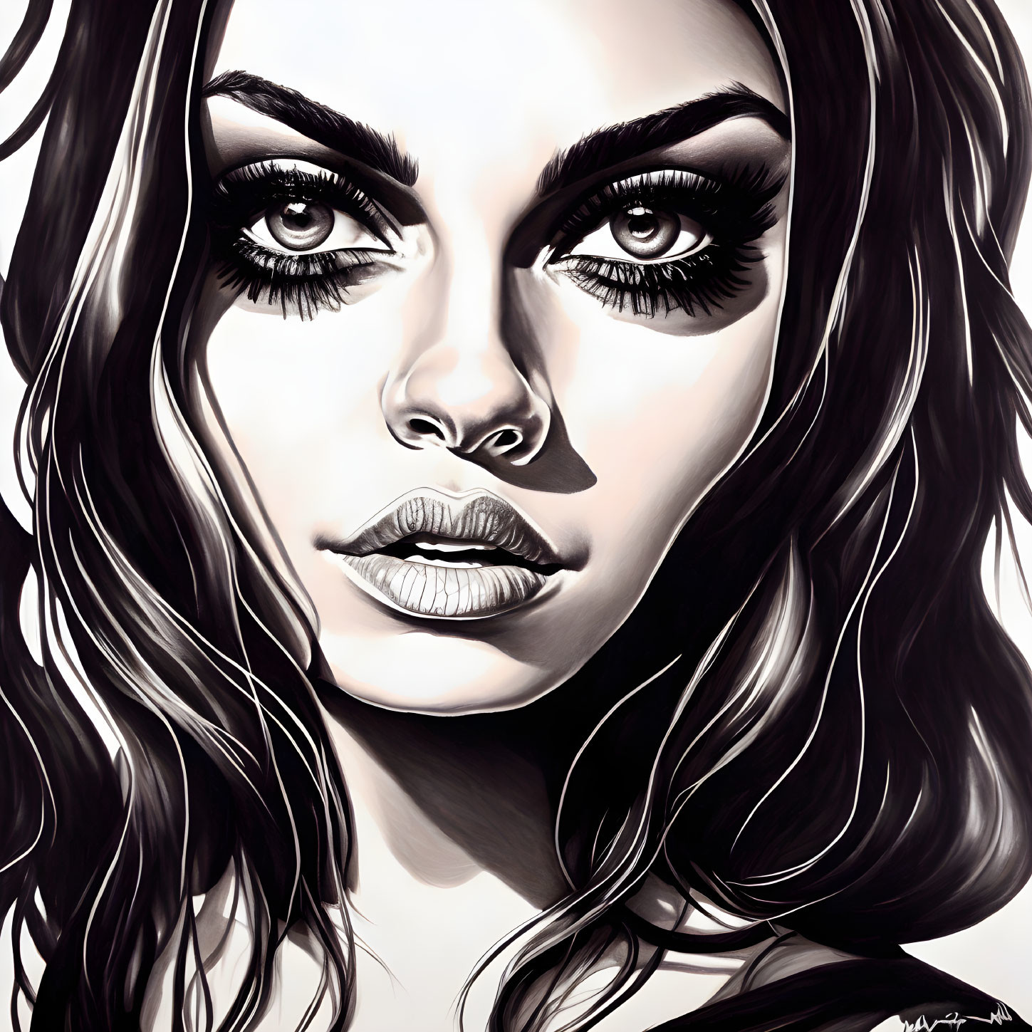 Detailed black and white hyper-realistic woman illustration with intense eyes and wavy hair