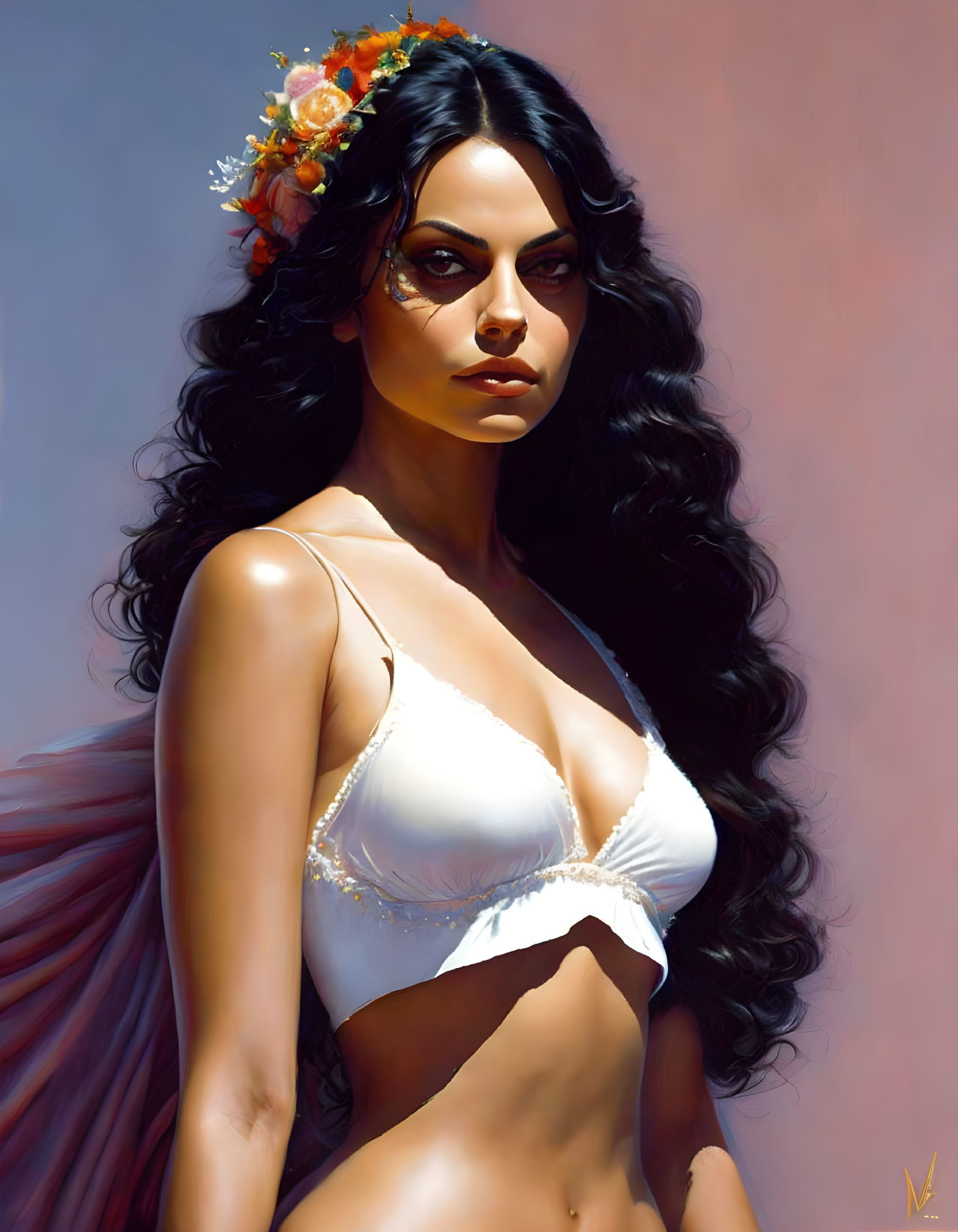 Digital Artwork: Woman with Black Hair, Floral Headpiece, White Bikini Top, Sheer