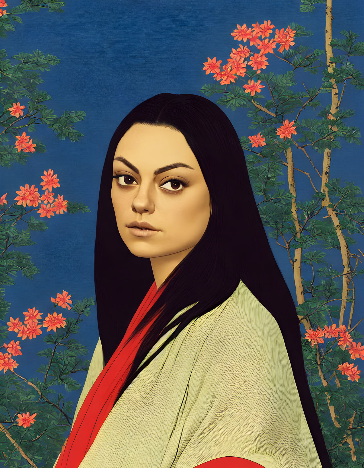 Stylized portrait of woman with dark hair and fair skin in kimono against blue background with green