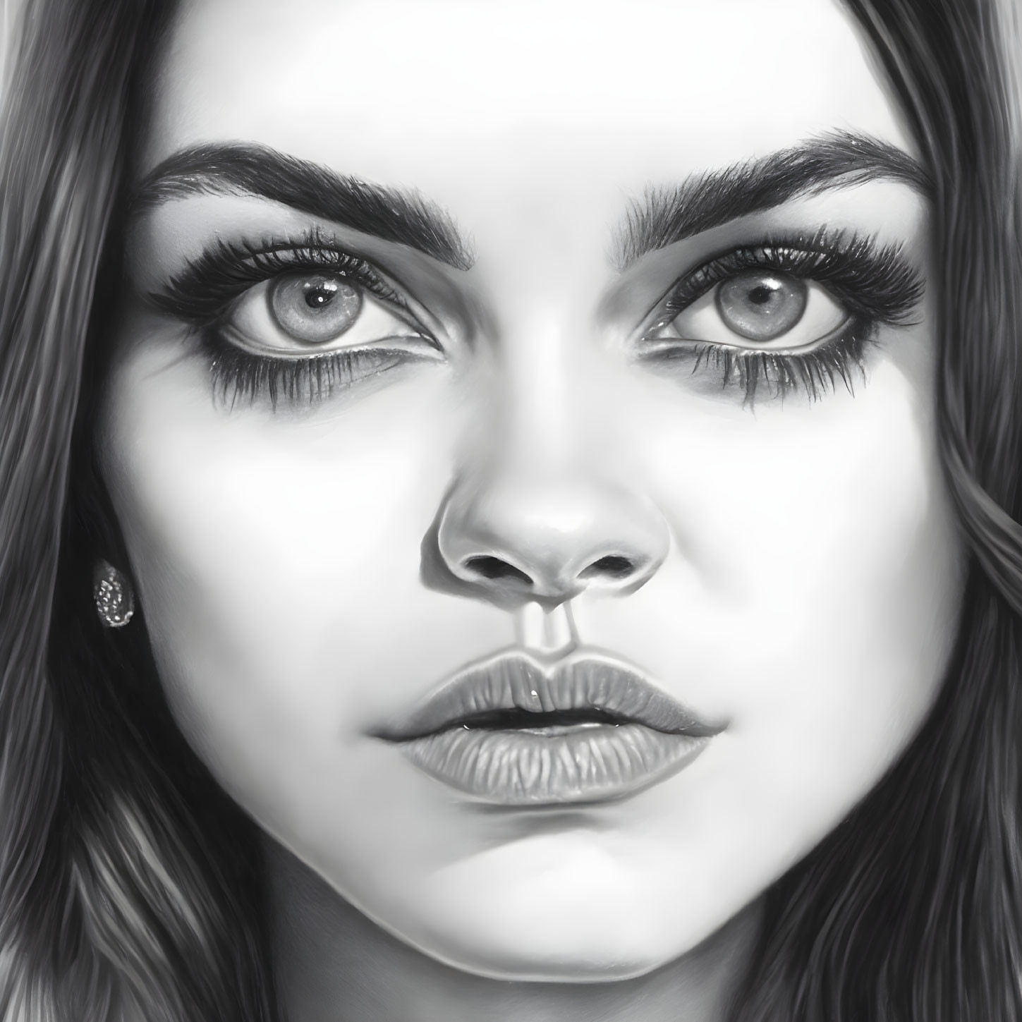 Detailed grayscale hyperrealistic woman's face drawing with intricate eyes and full lips.