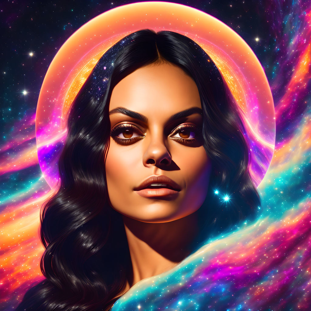 Digital artwork featuring woman with cosmic halo and stars.