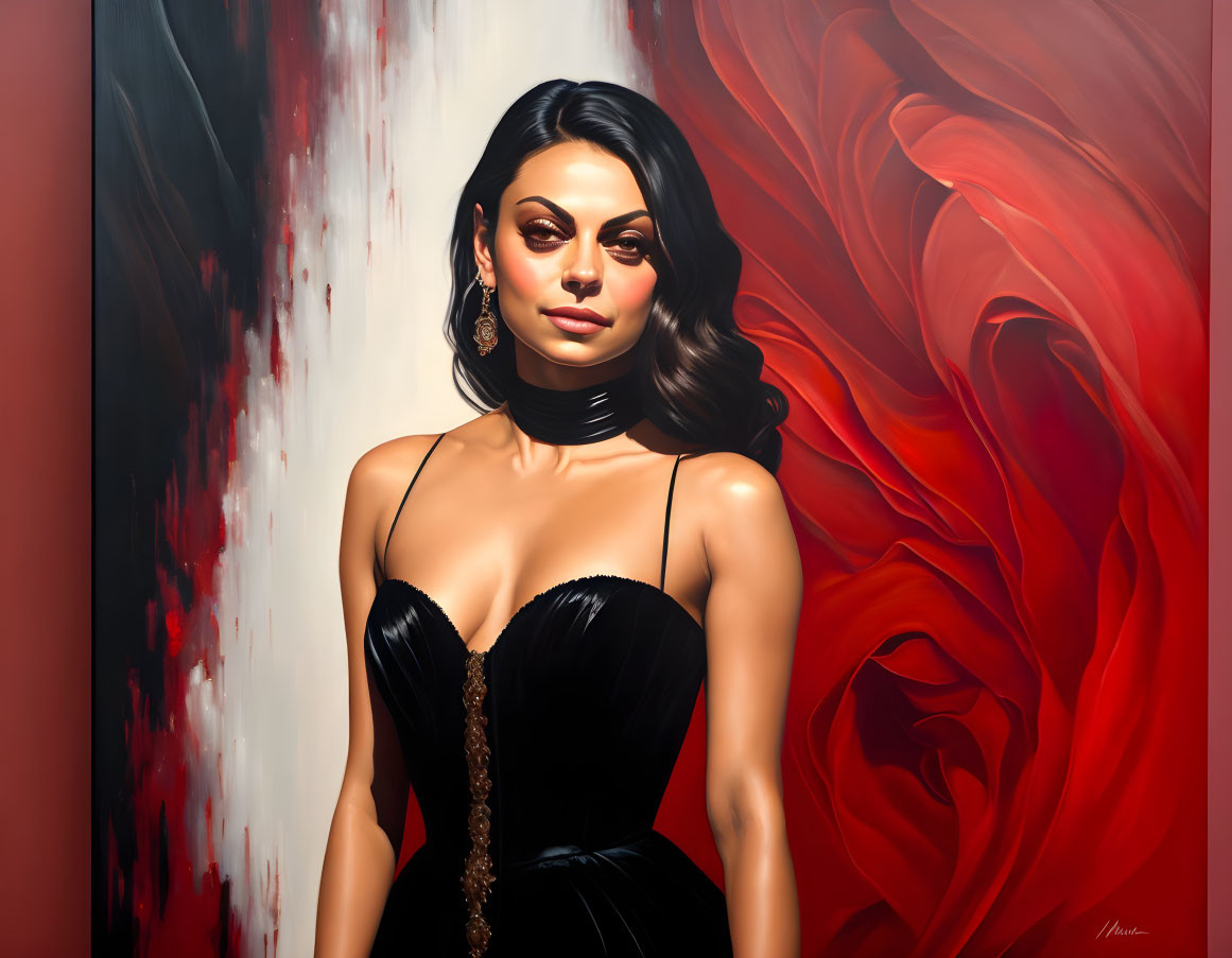 Illustration of woman in black dress with dark hair on red and white abstract background