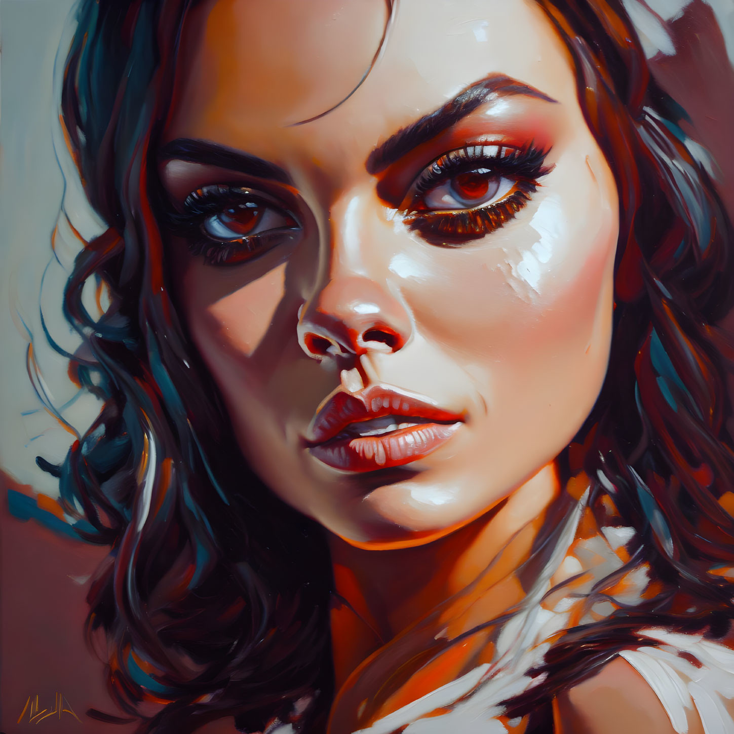 Hyperrealistic Painting of Woman with Striking Features and Intense Gaze