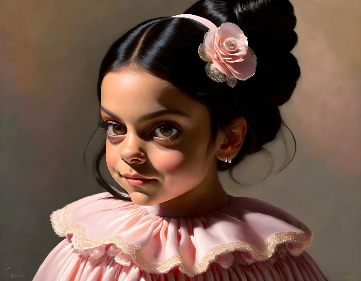 Realistic portrait of young girl in pink ruffled dress with flower hair accessory