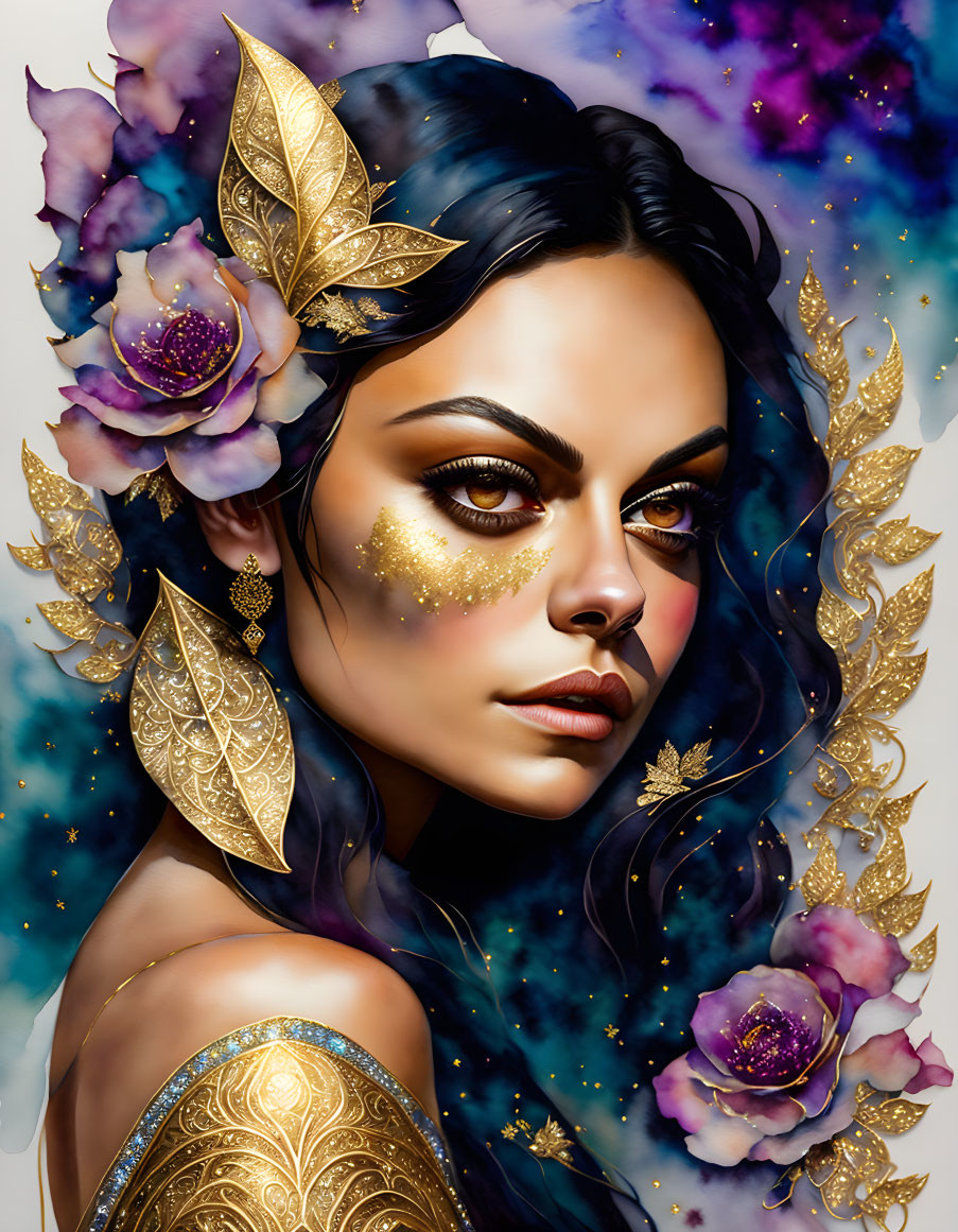 Illustrated portrait of woman with golden laurel leaves, cosmic and floral elements