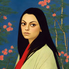 Stylized portrait of woman with dark hair and fair skin in kimono against blue background with green