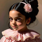 Realistic portrait of young girl in pink ruffled dress with flower hair accessory