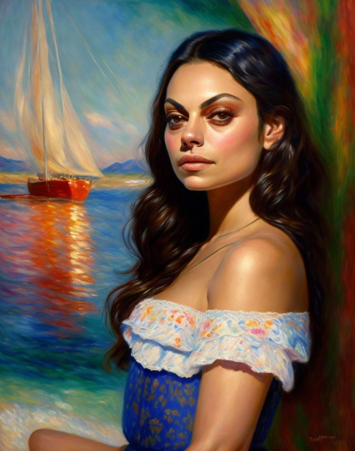 Realistic painting of woman by the sea with sailboat