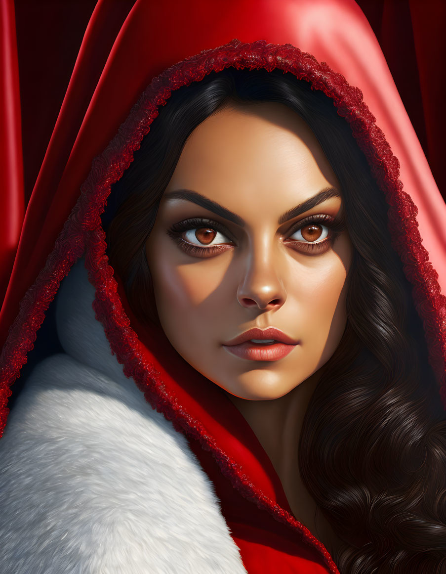 Portrait of Woman in Red Hood with Striking Eyes