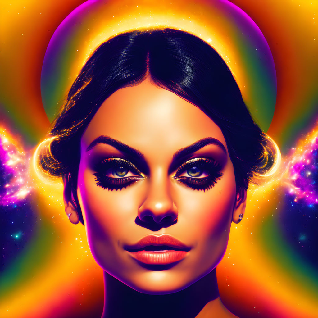 Colorful digital artwork: woman with striking makeup, halo effect, cosmic colors