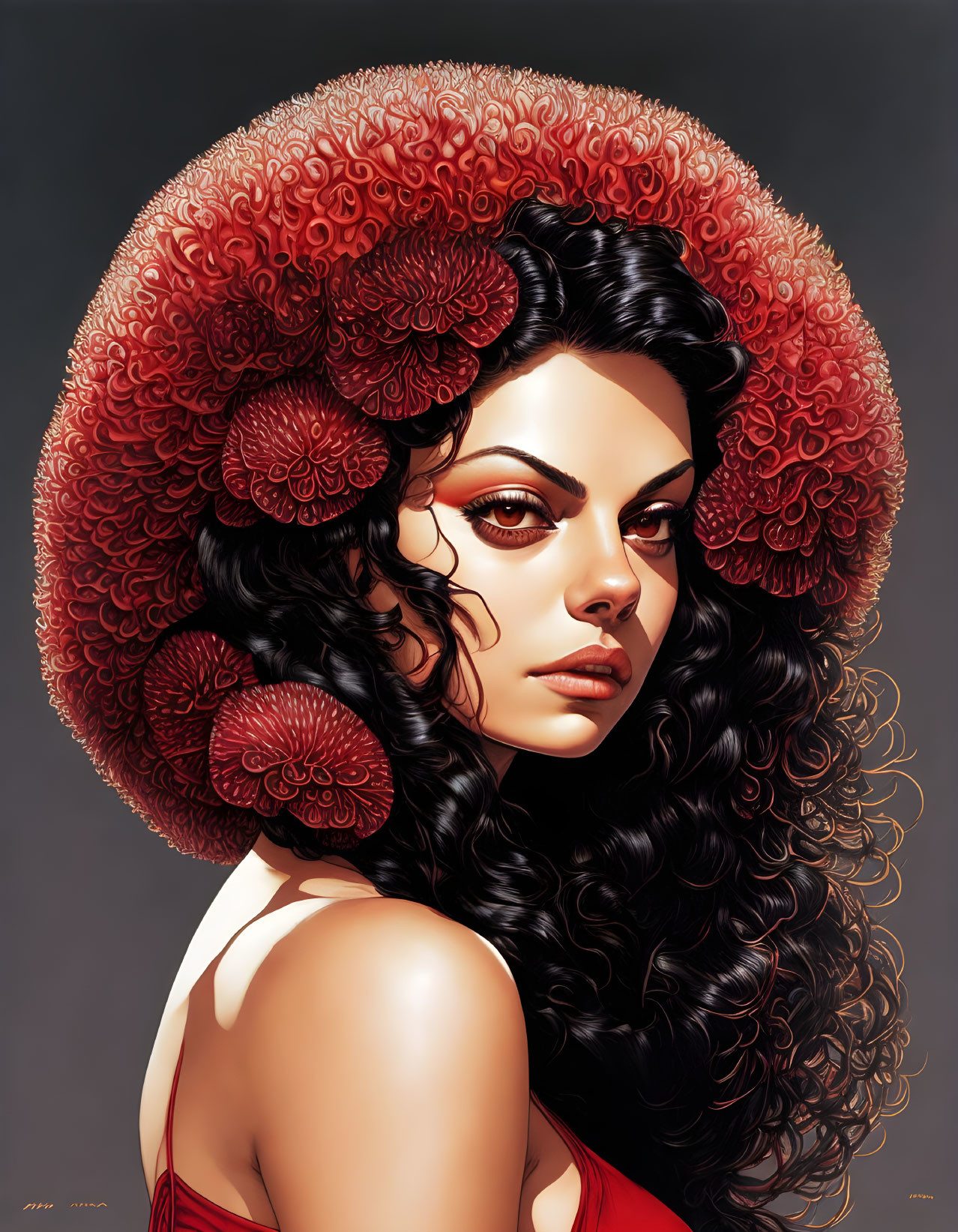 Portrait of woman with voluminous curly hair and floral halo.