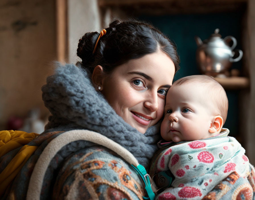 Smiling woman with dark hair holding attentive baby in colorful blanket