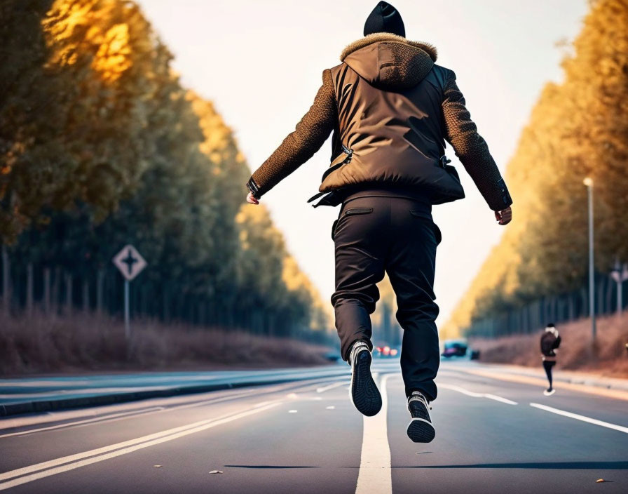 Person in black hoodie jumping on road with autumn trees and road sign