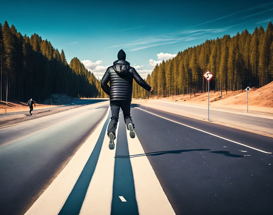 Skateboarder in Black Jacket and Beanie on Empty Road with Pine Trees
