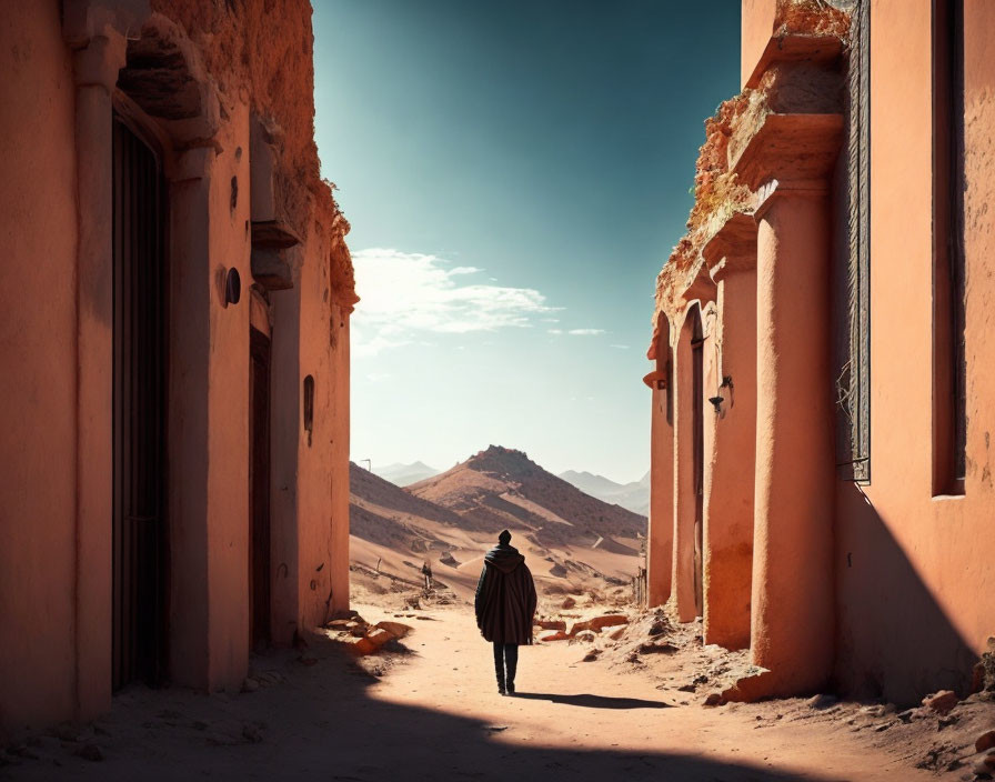 Cloaked Figure Walking in Sunlit Desert Alley