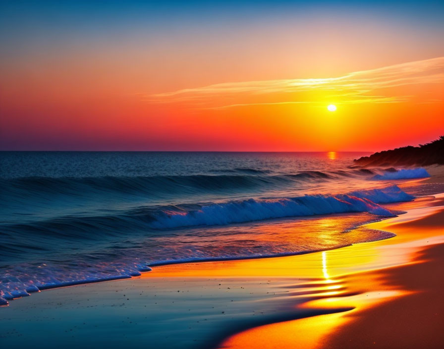 Scenic sunset over serene beach with gentle waves - Coastal landscape at dusk