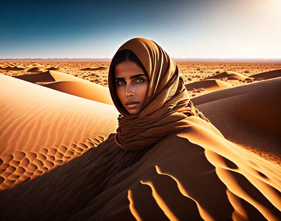 Person in headscarf amidst desert dunes with shadows and light.