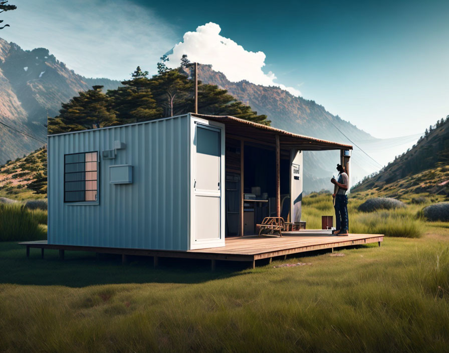 Person Standing on Deck of Small Container Home in Serene Landscape