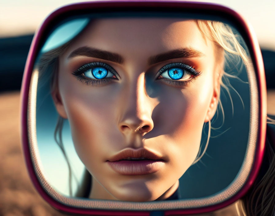 Close-up of woman's face with blue eyes and detailed makeup reflected in vehicle's side mirror