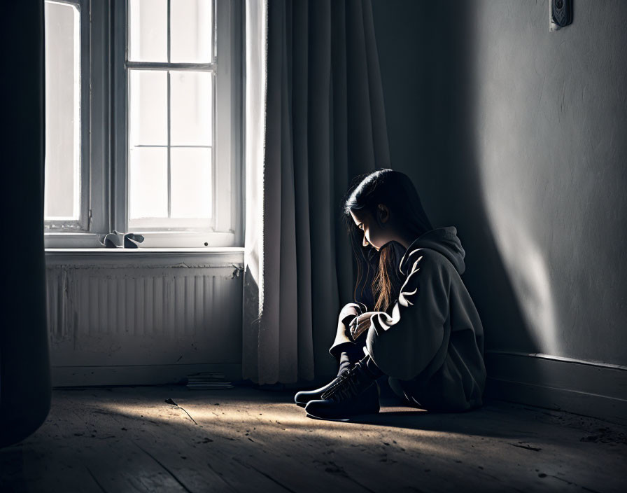 Person sitting in dimly lit room by window with sunlight streaming through curtains