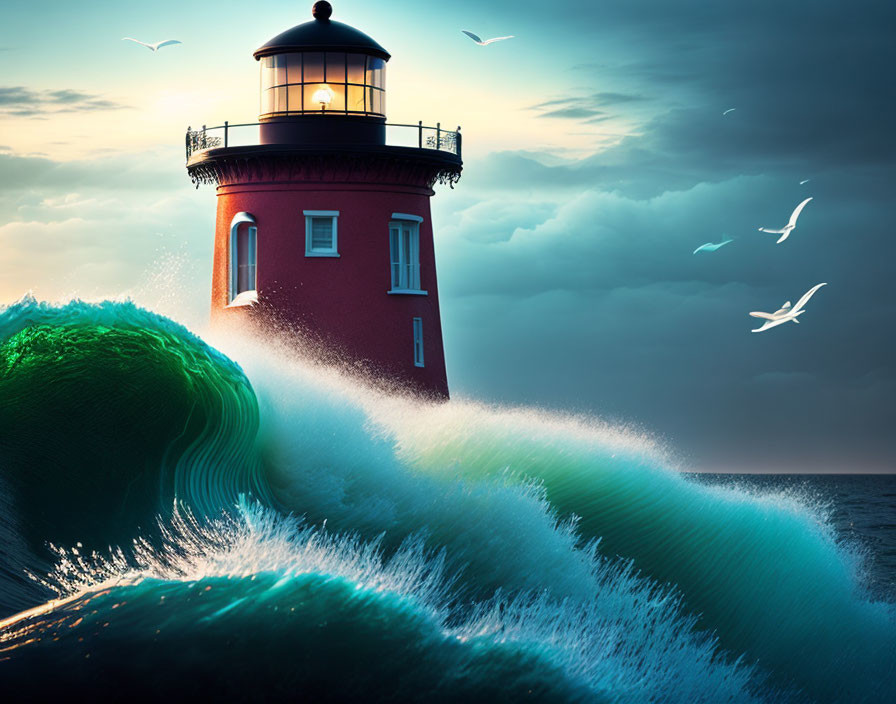 Red lighthouse amidst crashing waves and dramatic sky