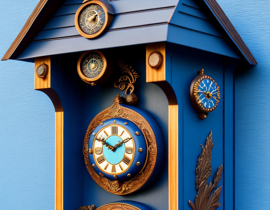 Blue Decorative Cuckoo Clock with Gold Details on Blue Background