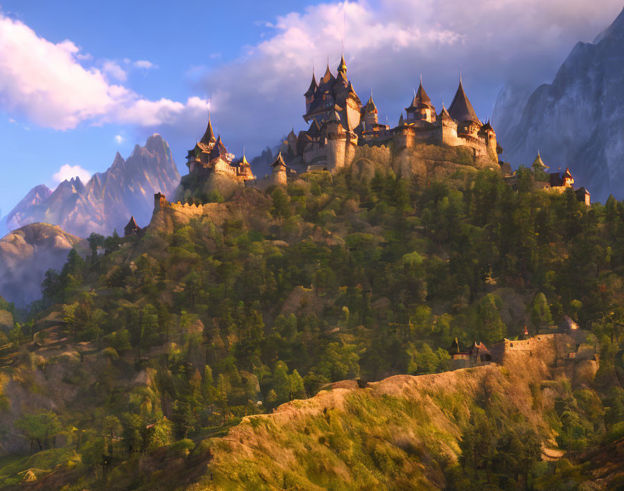 Majestic castle on forested hillside at sunset with mountains.