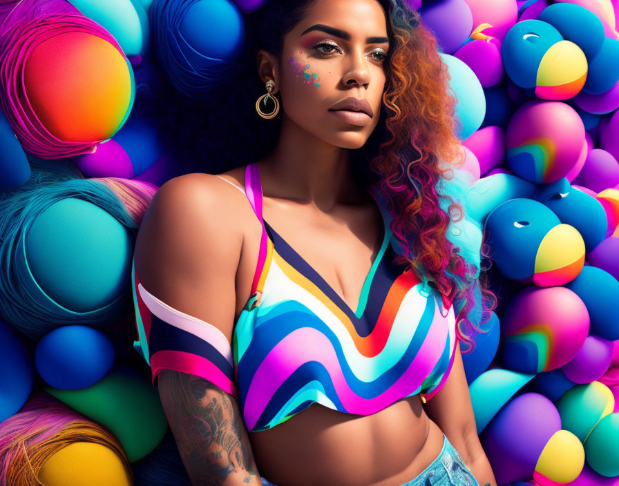 Curly-haired woman with colorful makeup against vibrant backdrop of spheres wearing striped top.