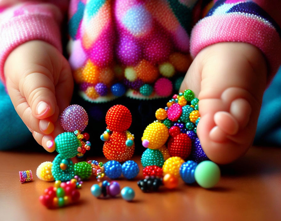 Child's Hands and Feet Play with Colorful Beads on Table