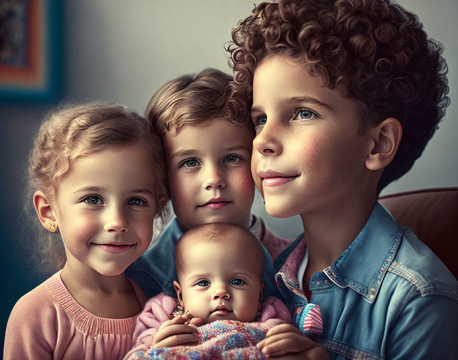 Group of Four Children with Various Outfits and Ages