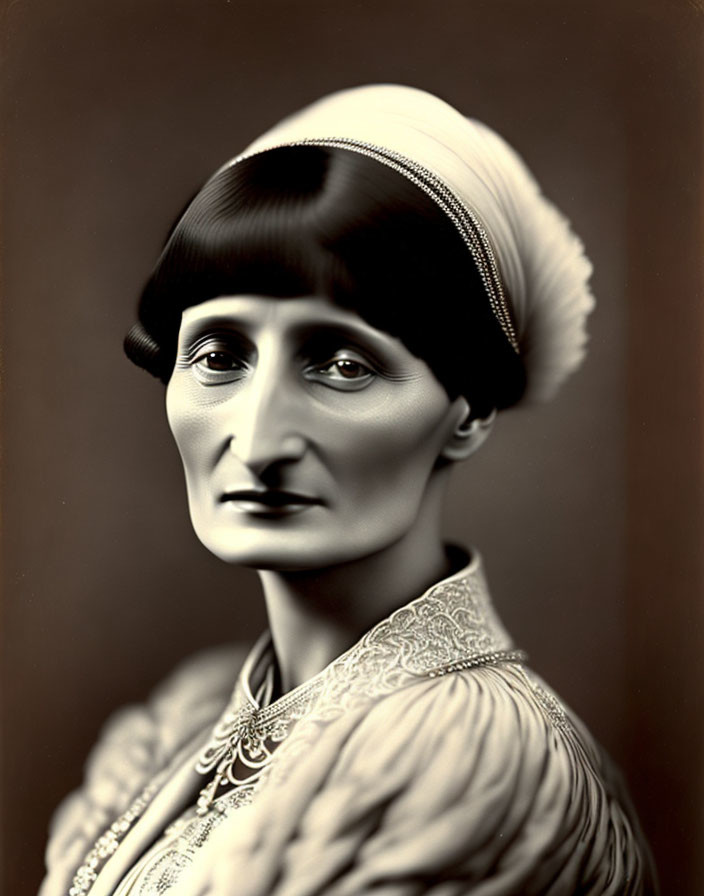 Monochromatic vintage portrait: Woman with headband, bob haircut, and elegant attire