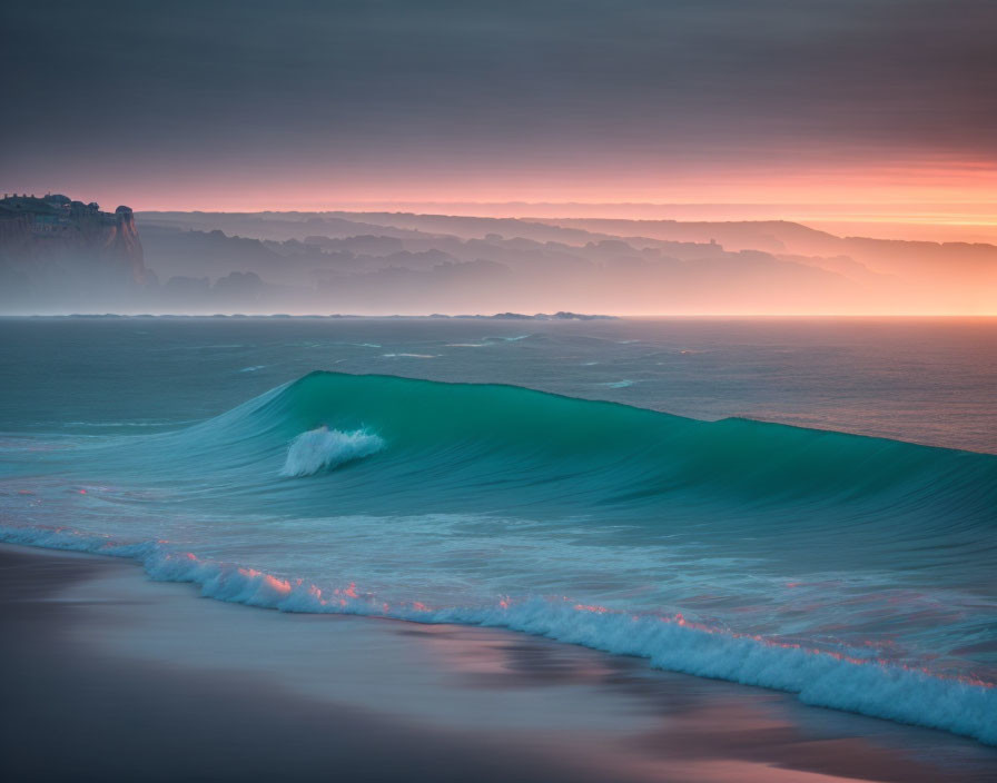 Tranquil sunrise beach scene with pink and orange sky hues, cresting wave, and misty