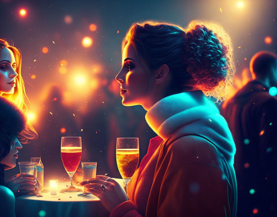 Woman in Warm Coat at Vibrant Evening Party Holding Drink Amid Glowing Lights