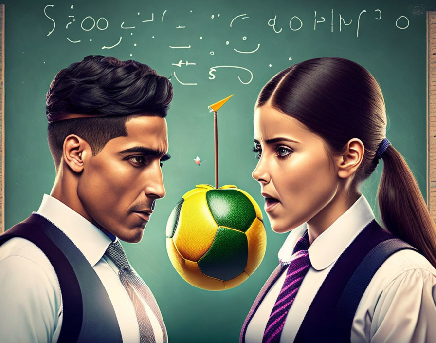 Digital illustration of man and woman in school attire with floating geometric ball and math equations.