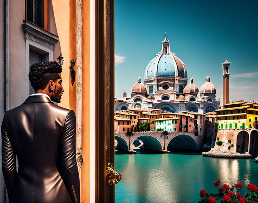 Man in stylish suit gazes at fantastical cityscape with domed buildings and turquoise river.