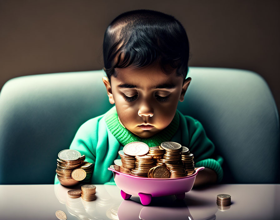 Child observing stacked coins in pink piggy bank and on table