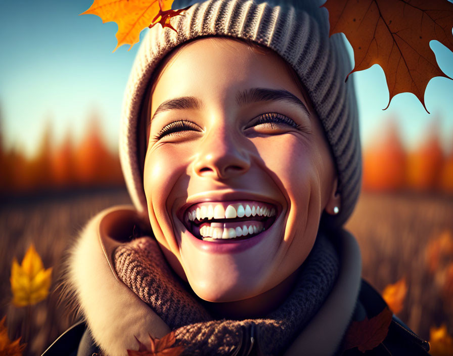 Smiling woman in autumn attire with beanie and scarf among fall foliage