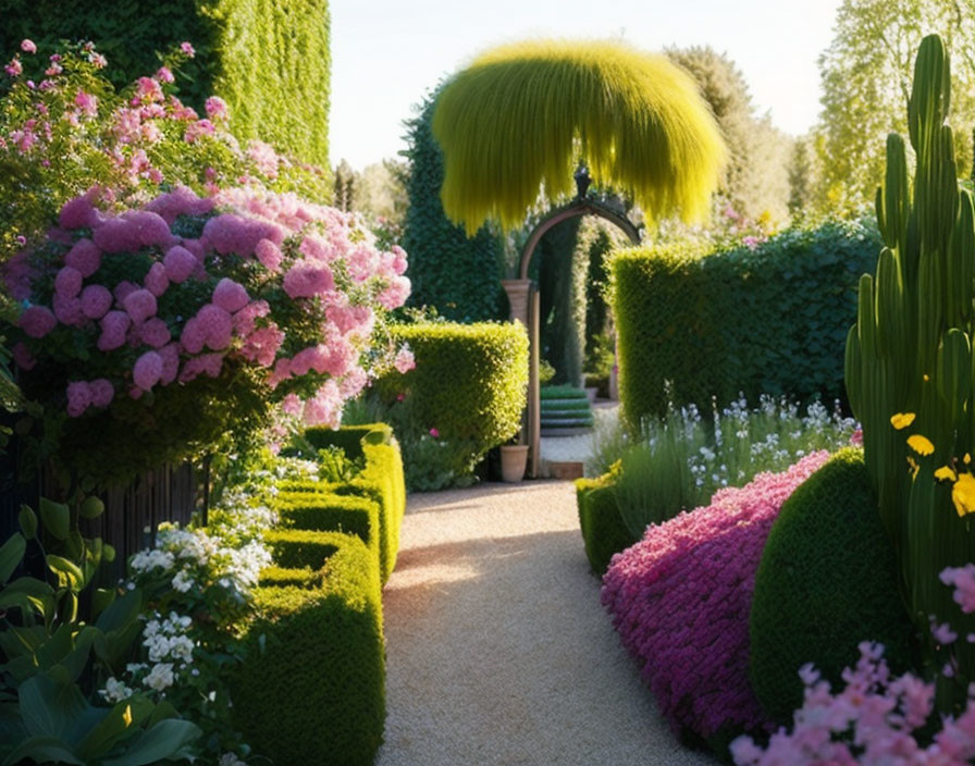 Vibrant garden path with pink flowers, green hedges, and yellow tree under sunny sky