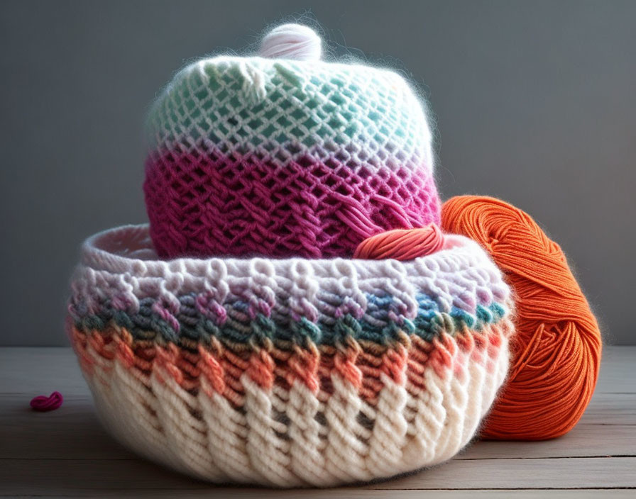 Colorful yarn balls in white bowl on wooden table.