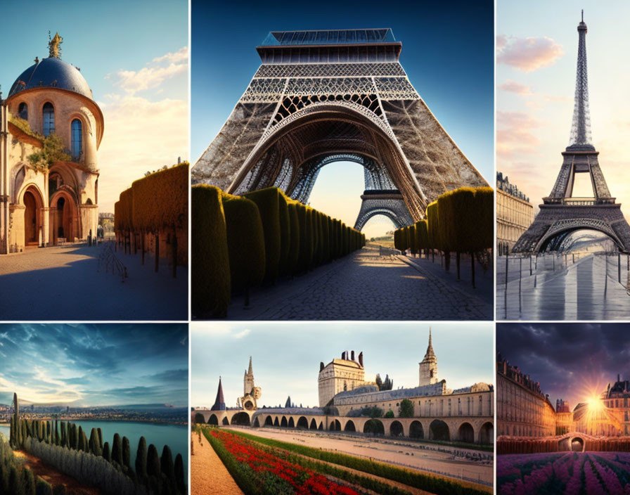 French Landmarks Collage: Eiffel Tower, Chateau, Gardens at Various Times