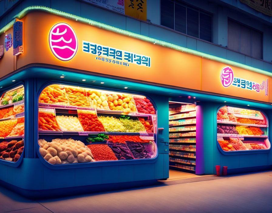 Colorful Fresh Produce Displayed in Illuminated Korean Market